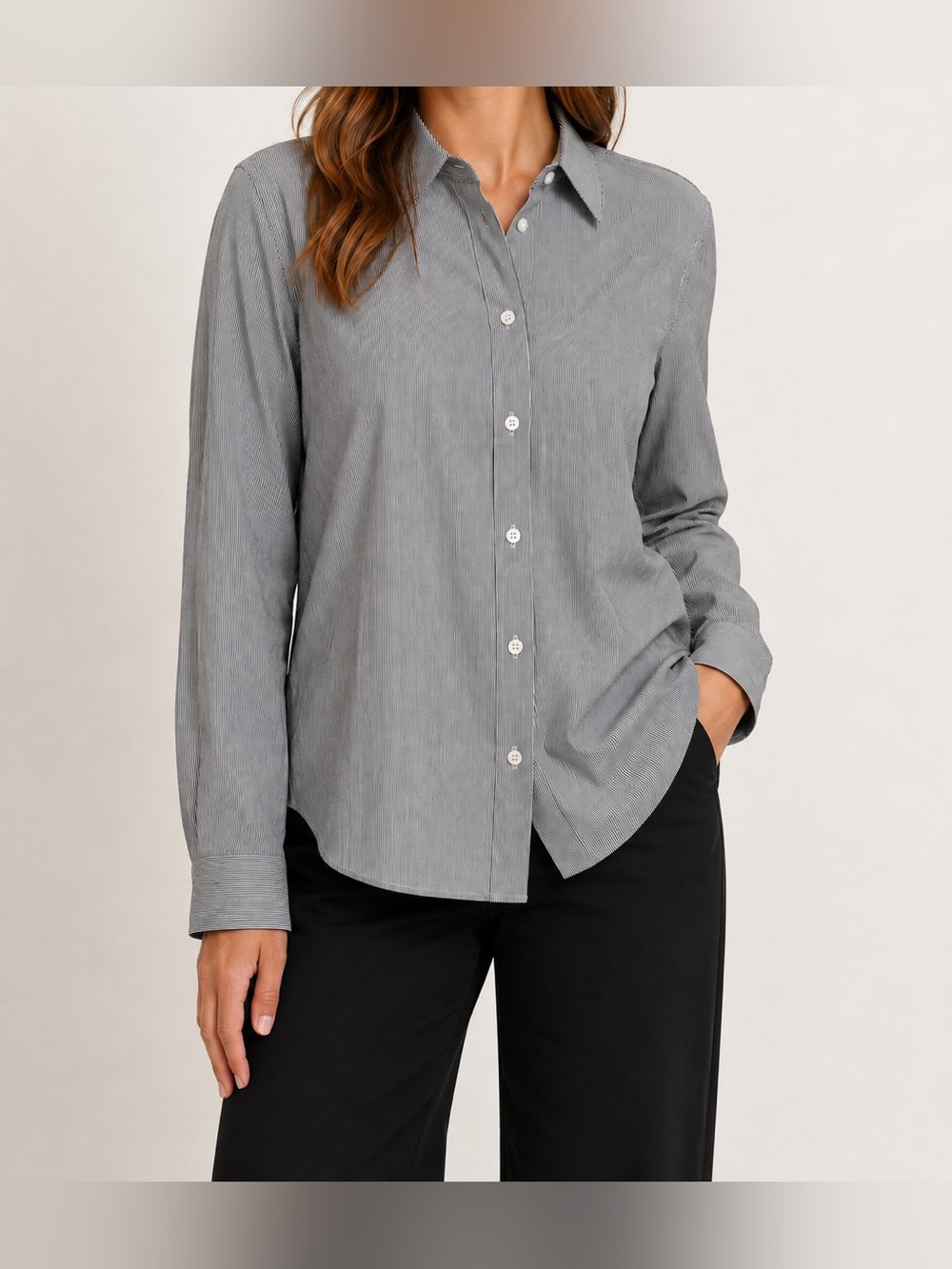 Lafayette 148 New York Black and White Pinstriped Button-Down Blouse - Size 16